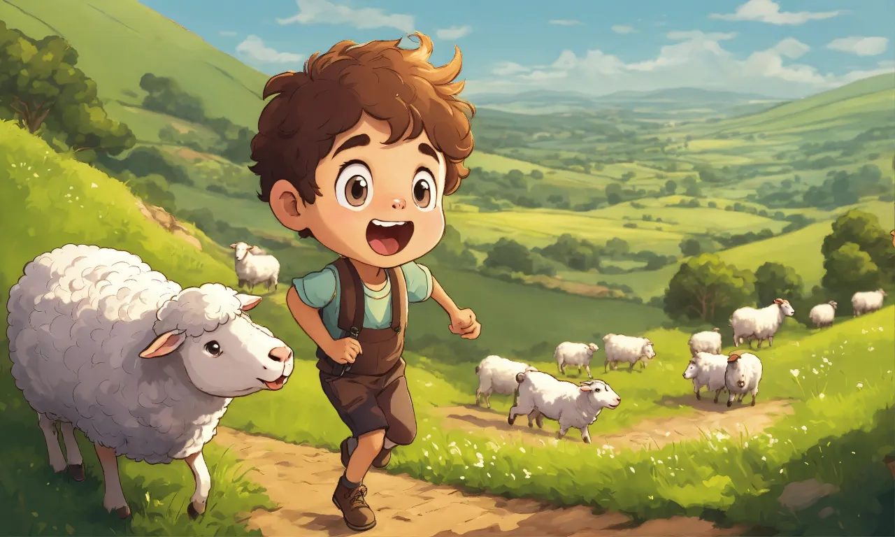 a young boy is running towards a herd of sheep