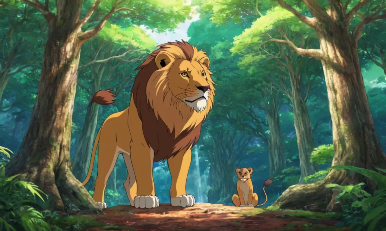 a lion and a lion cub stand in the middle of a forest