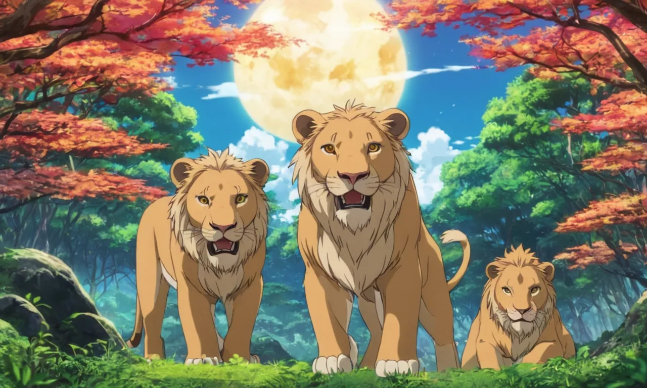 a group of lions standing on top of a lush green field