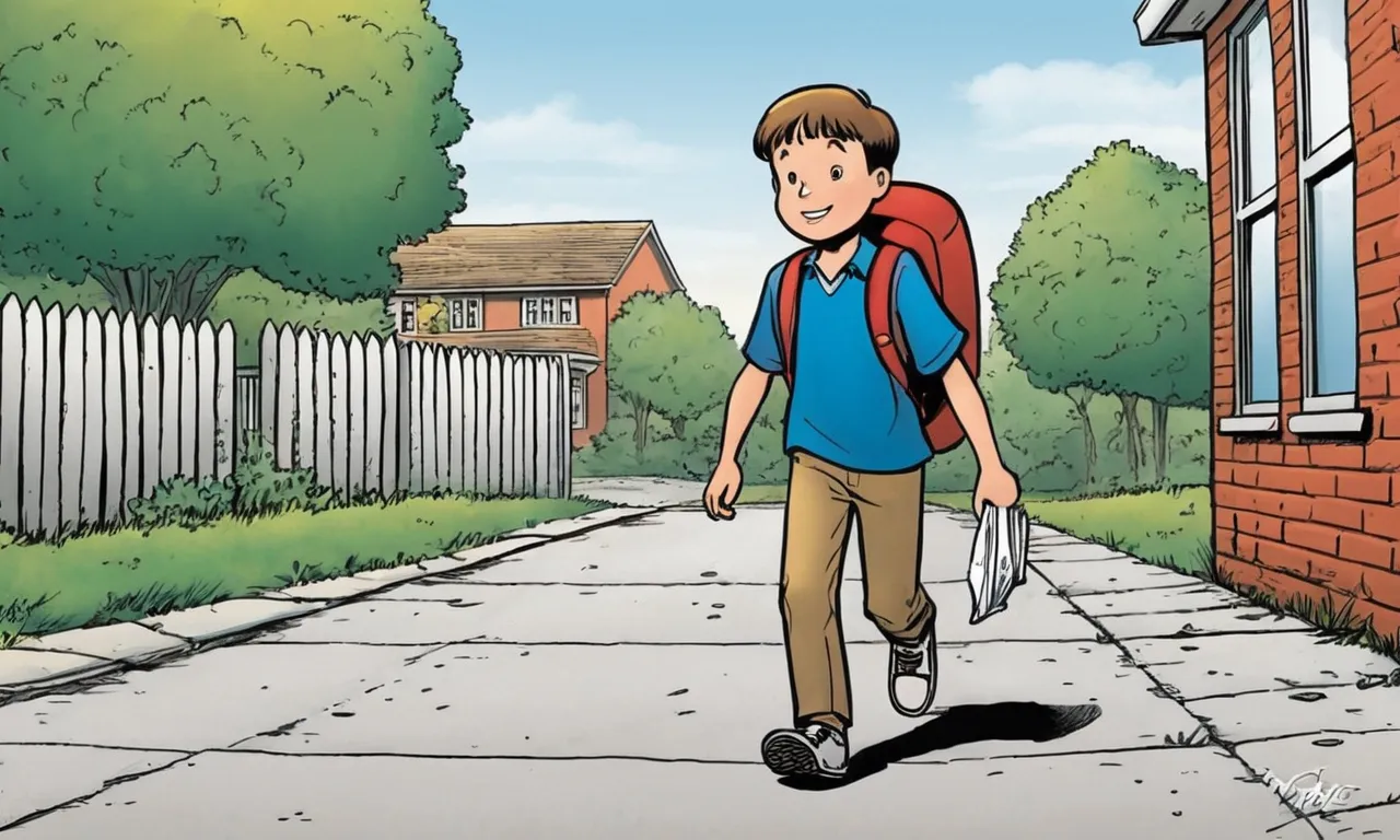 a boy walking down the street with a backpack on