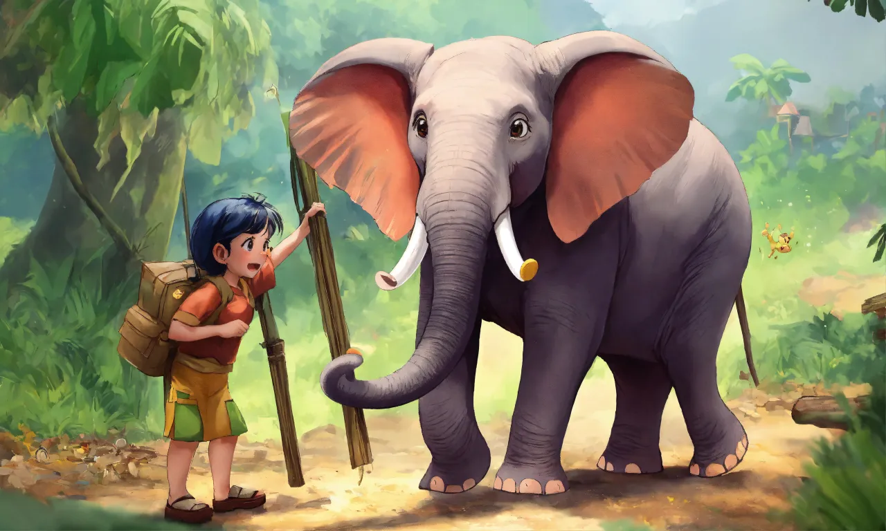 a boy is standing next to an elephant