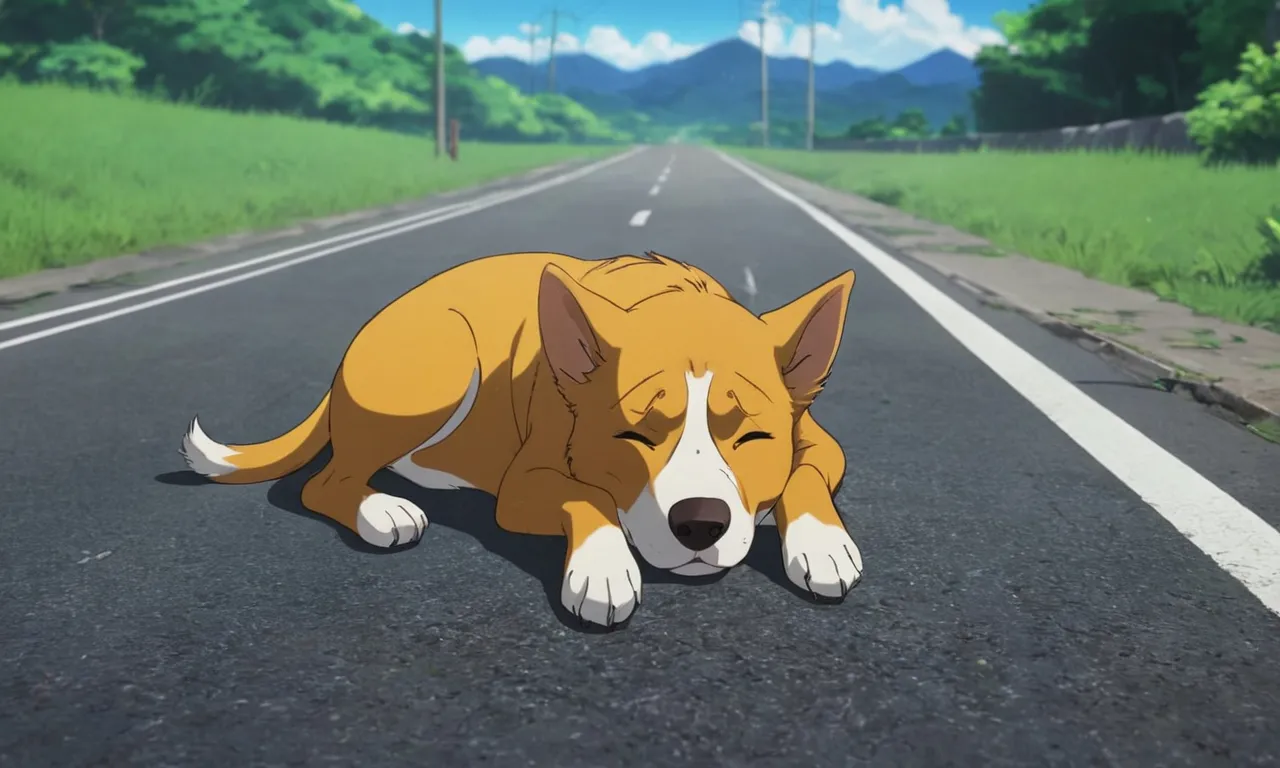 a dog laying on the side of a road