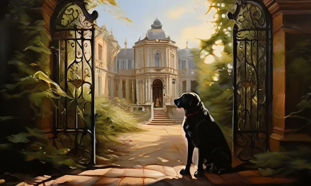 a painting of a dog sitting in front of a gate