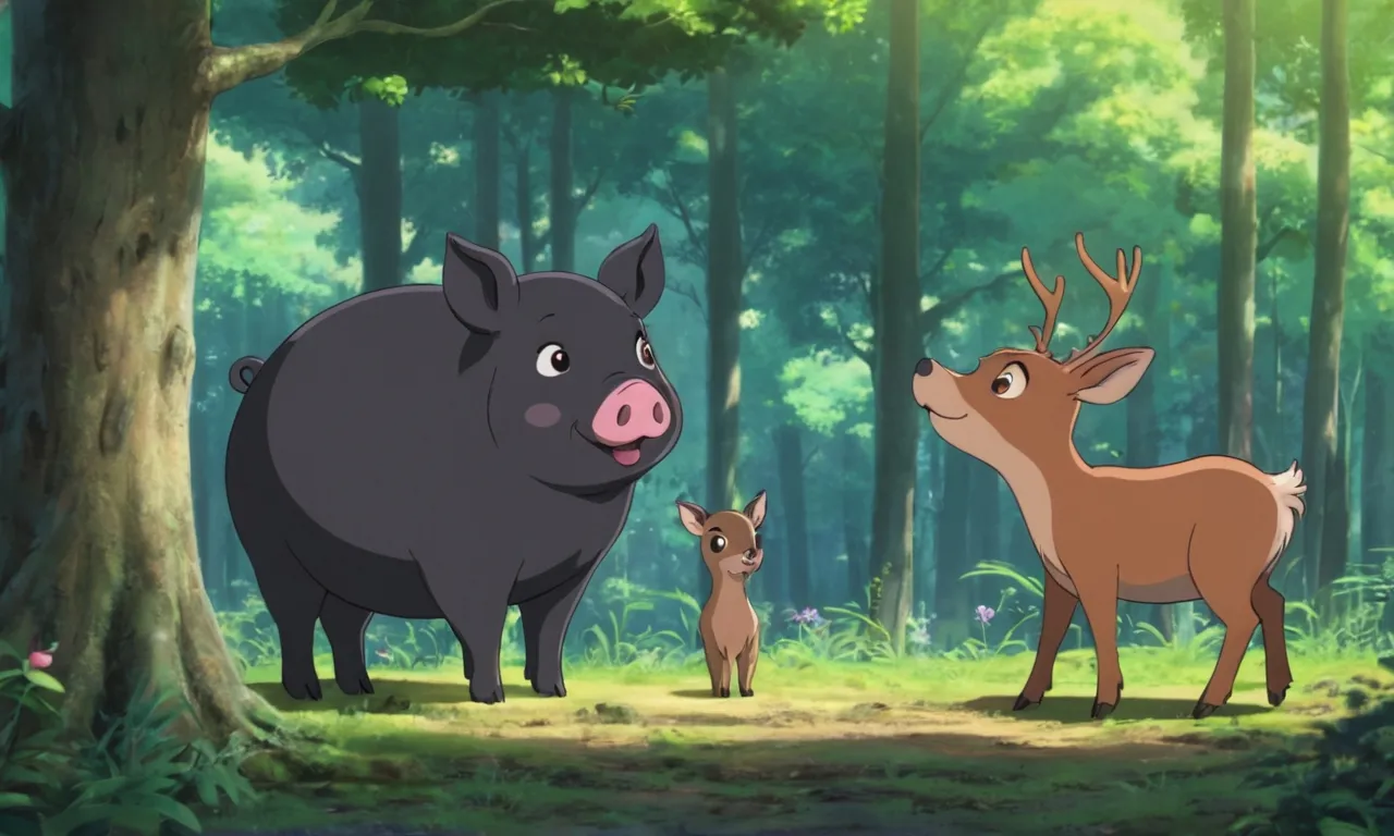 small pig and deer  standing in the middle of a forest