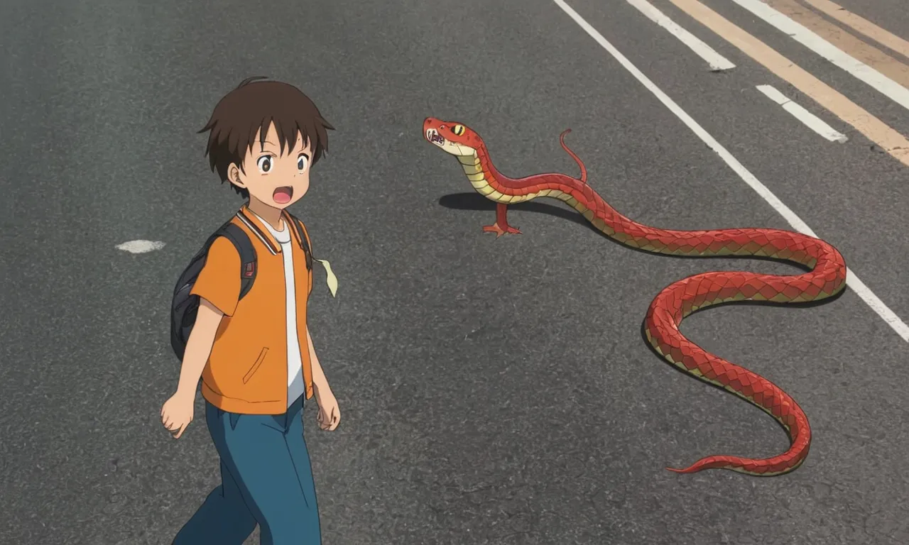 a young boy walking across a street next to a red snake