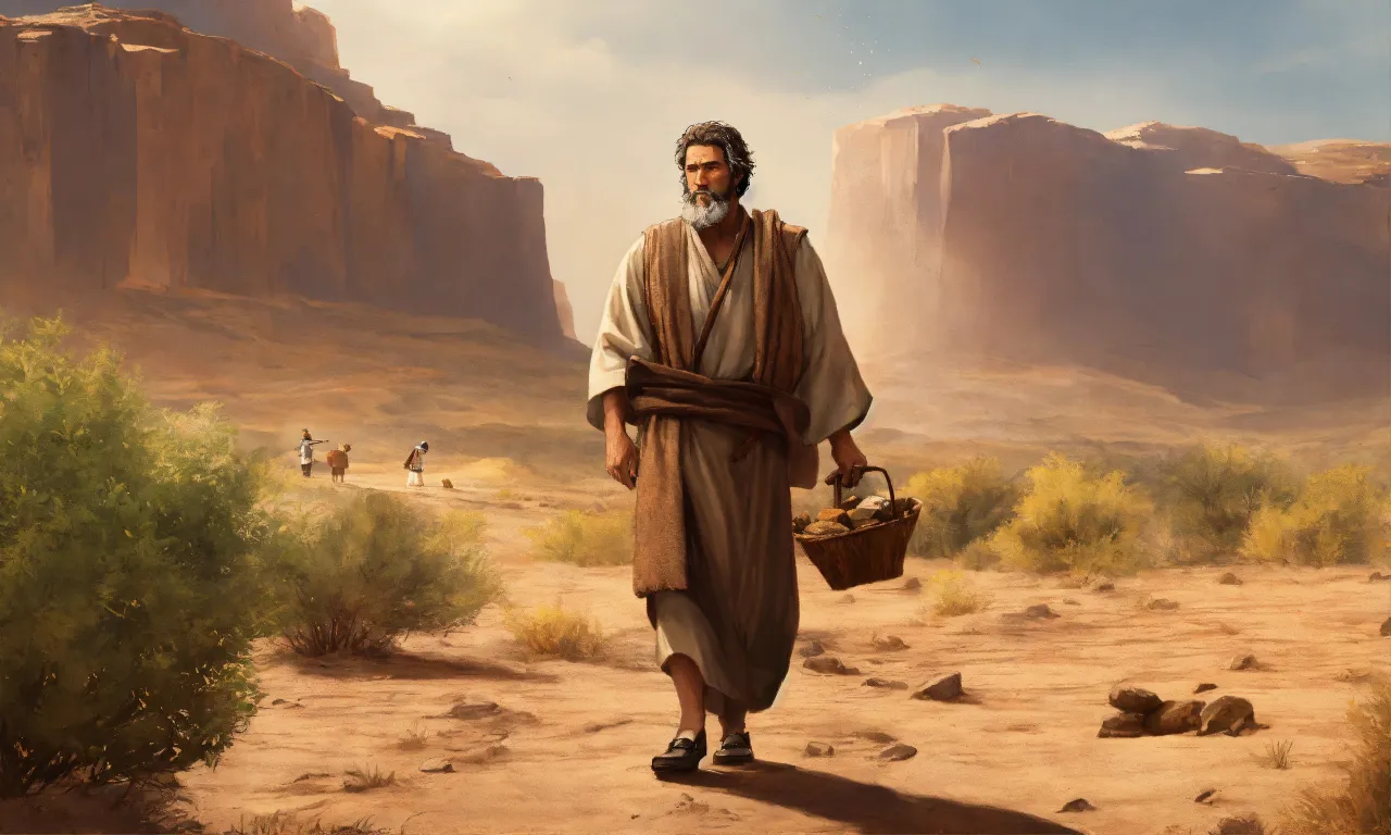 a painting of a man walking in the desert