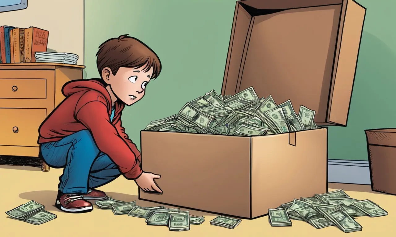 a boy kneeling down in front of a box full of money