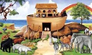 a painting of a noah ark with animals and a rainbow in the background