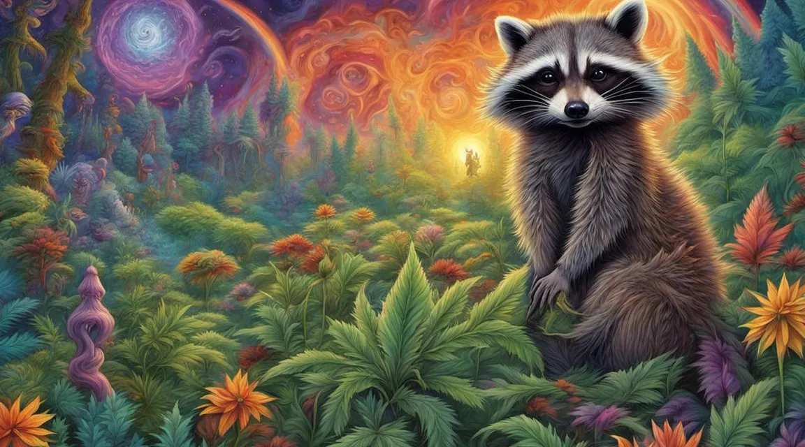 a painting of a raccoon in a field of flowers