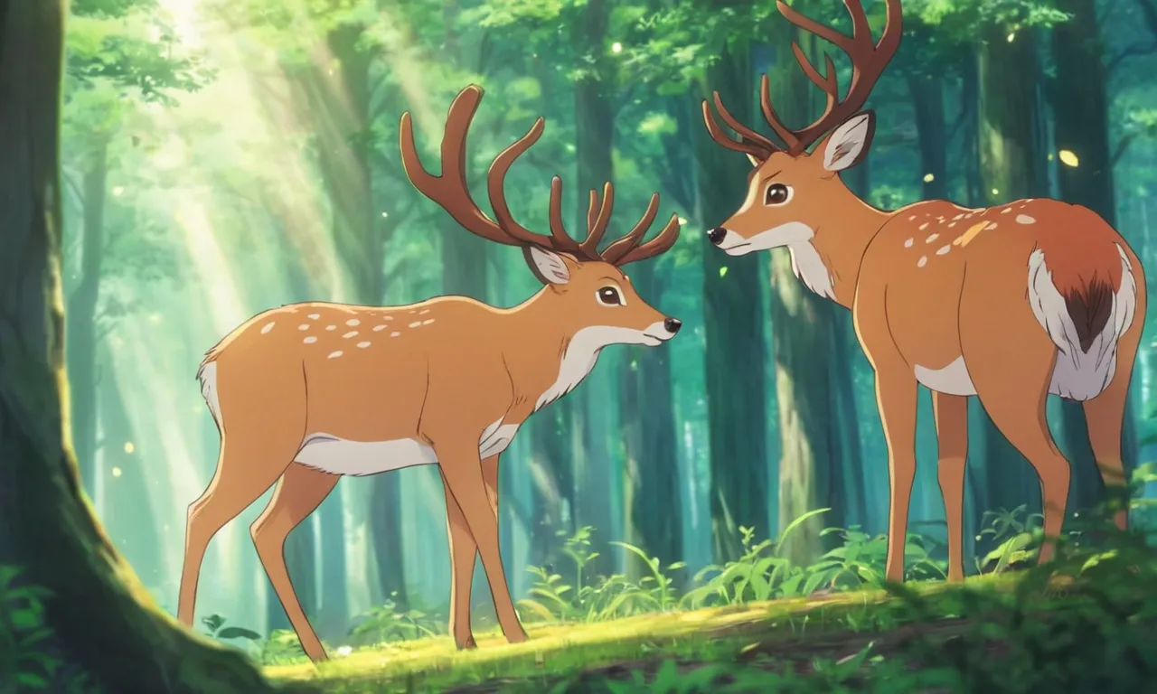  two deers standing next to each other in a forest