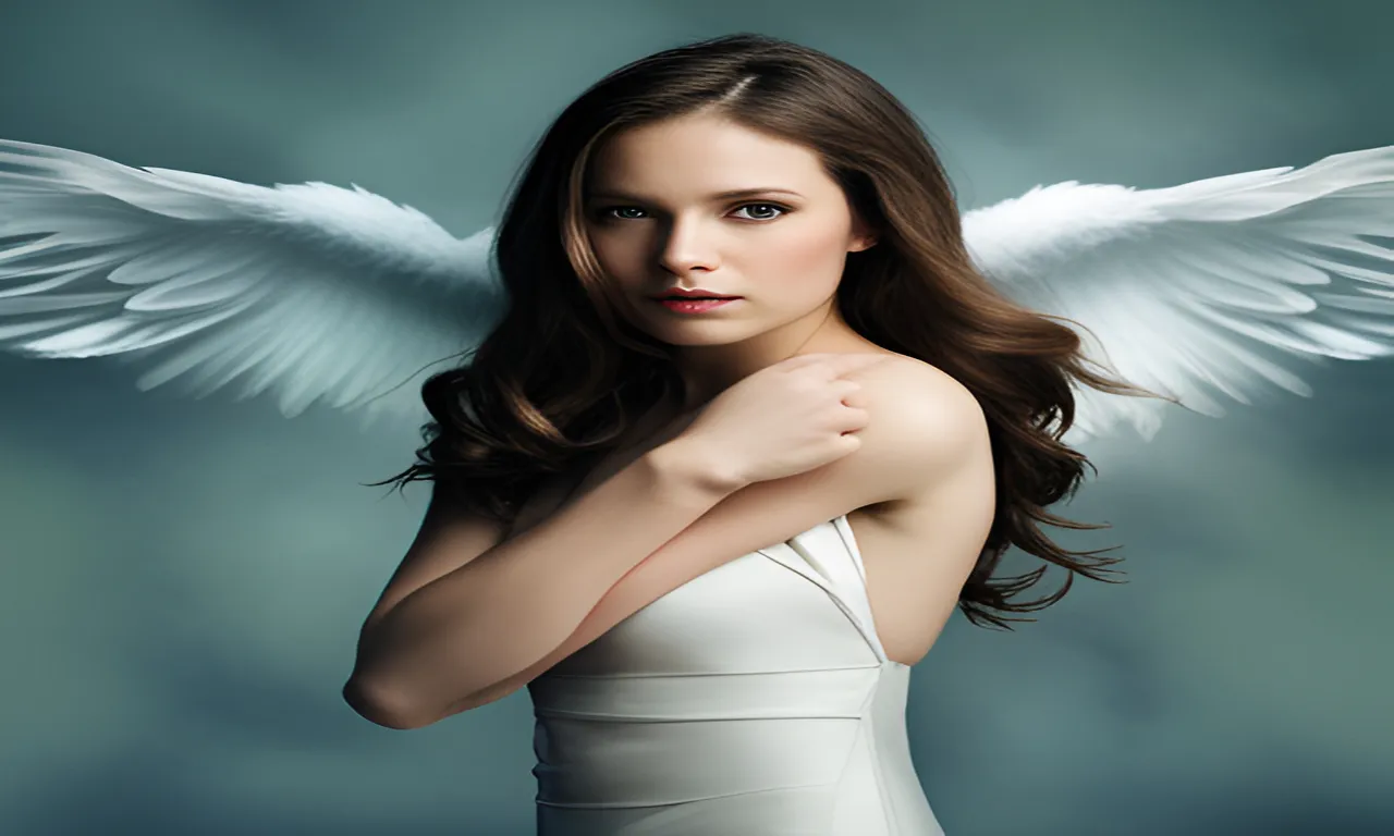 a beautiful young woman with white wings on her shoulder