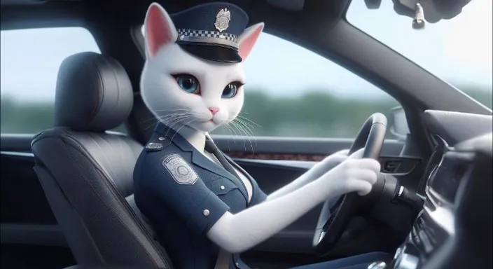 A cat police in a uniform driving a retro police car, with a sun-soaked beach background