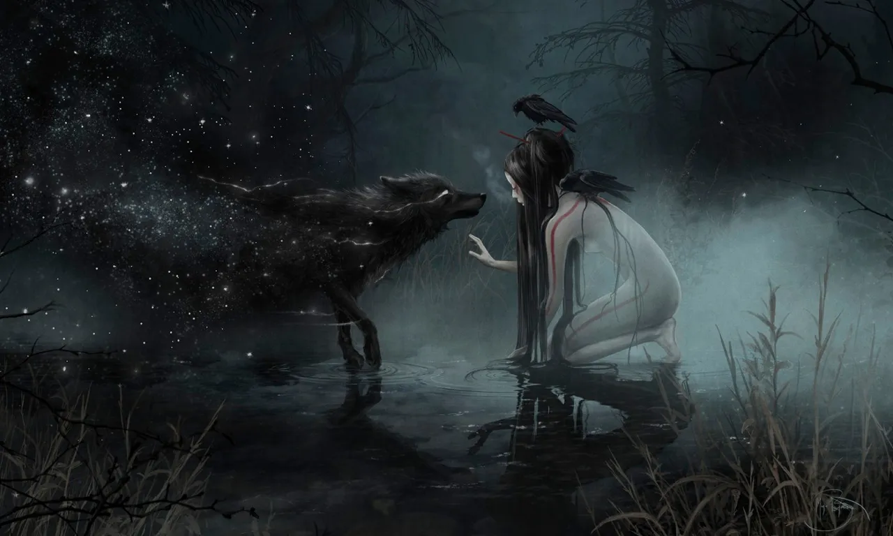 a woman and a wolf in a dark forest