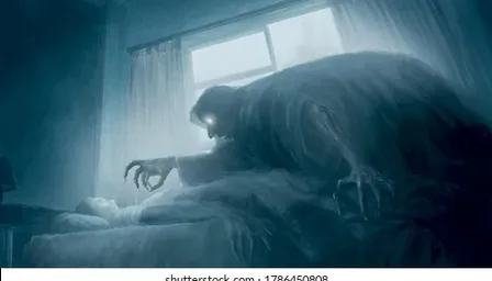 A person in bed in a dark and creepy haunted house with ghostly figures lurking in the shadows