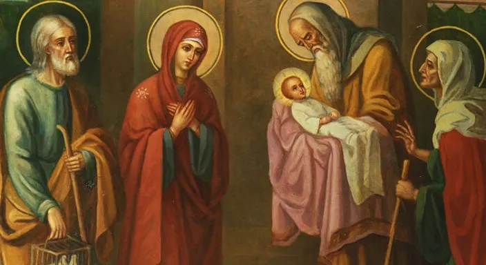 a painting of three people and a baby