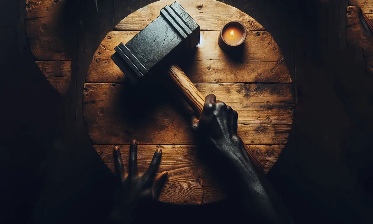 a Caribbean man grabbing a  hammer over a wooden table