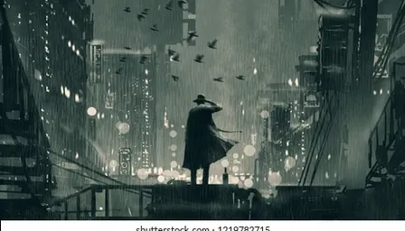 a man standing on top of a roof. Heavy rain. Dense fog. Film Noir. Film grain texture. Bleak colors. 30-s Prohibition era megapolis city street.