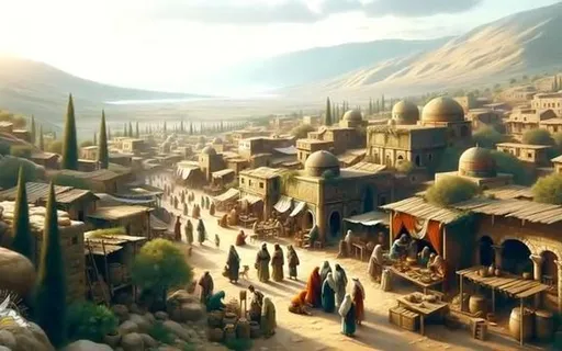 a painting of a village in the middle of a desert