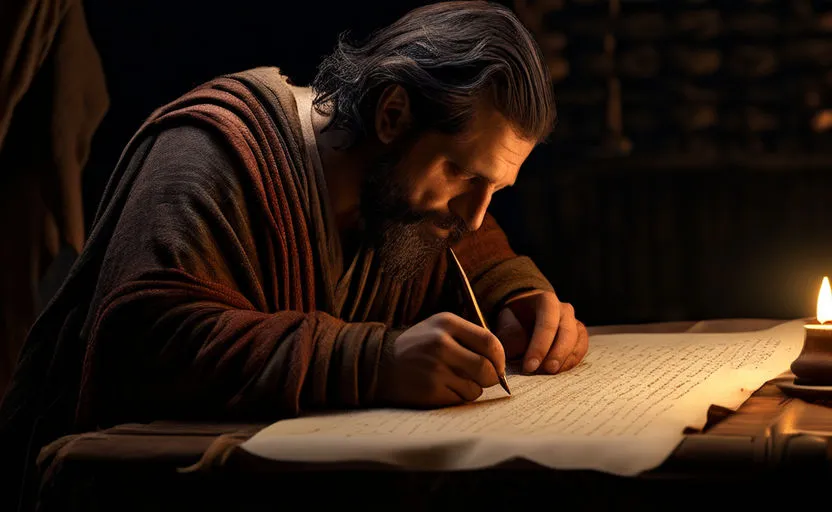 a man sitting at a table writing on a piece of paper