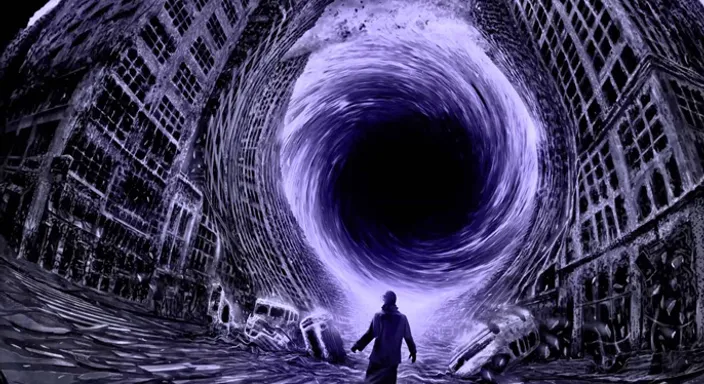 a man standing in front of a giant black hole as it's distortion warps the city surroundings 