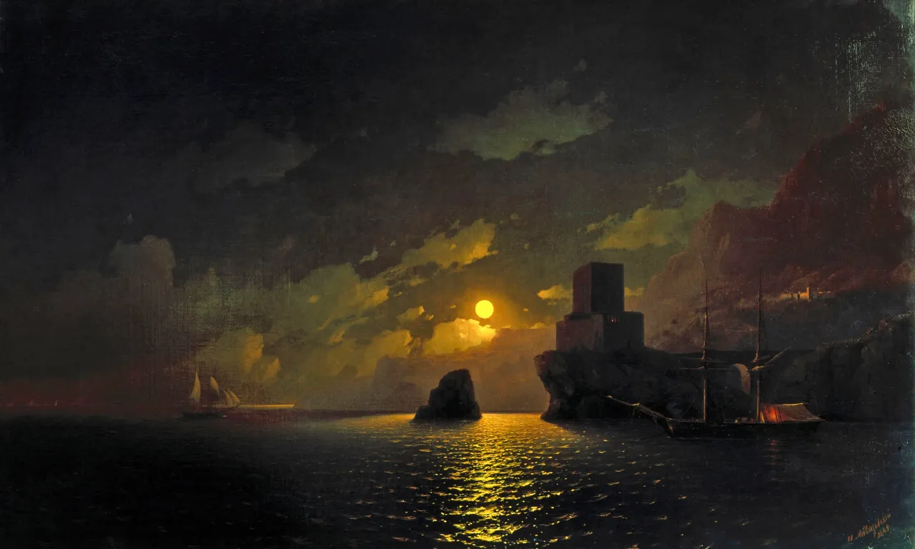 a painting of a sunset over a body of water