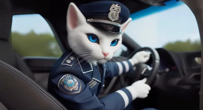 a white cat with blue eyes driving a car