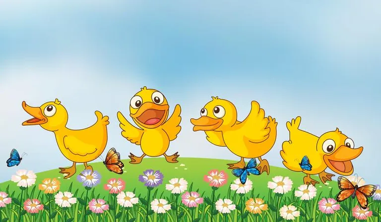 a group of ducks in a field of flowers