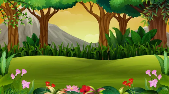 a lush green forest with flowers and trees