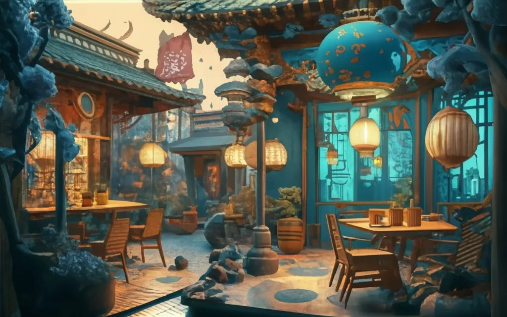 a painting of a chinese restaurant with lanterns