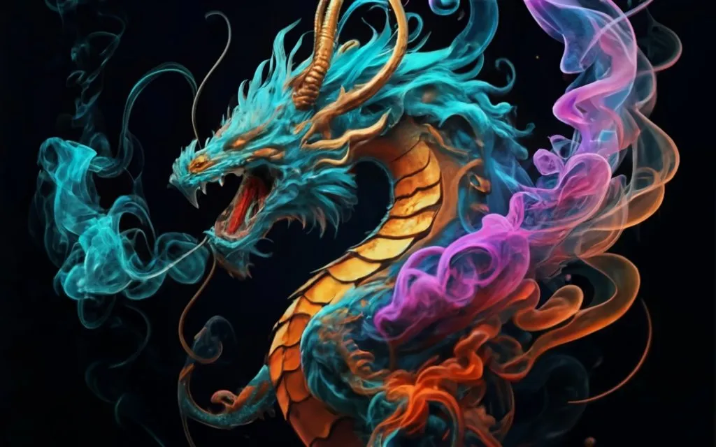 a dragon with colorful smoke coming out of it's mouth