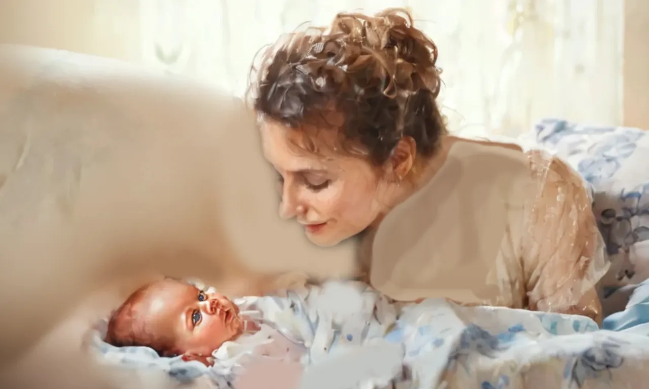 a young mother in a closed robe, she leans over the crib in which lies a blue-eyed newborn baby. Watercolor drawing style.