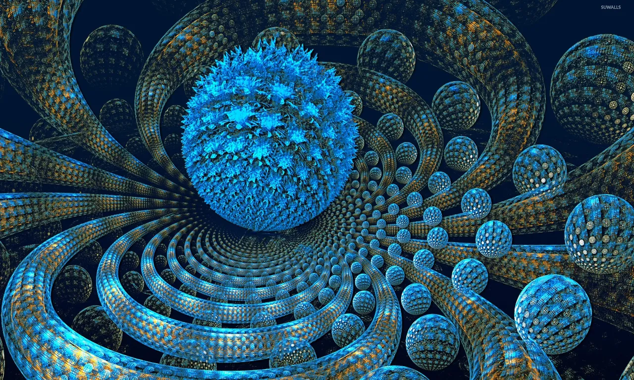 a fractal of a blue ball surrounded by smaller balls