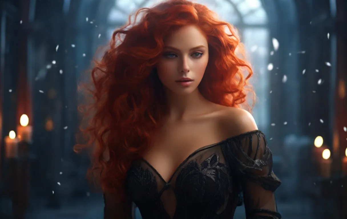 A sorceress with long red hair standing in front of a magic portal in a dark room