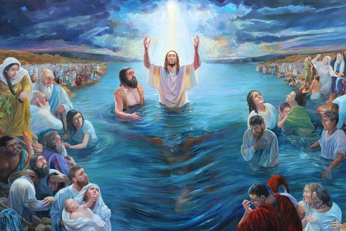 a painting of jesus in the water surrounded by people