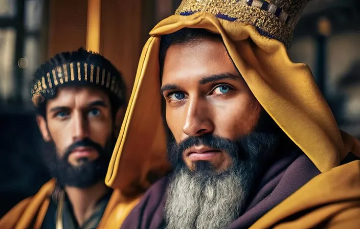 a man with a crown on his head next to a man with a beard