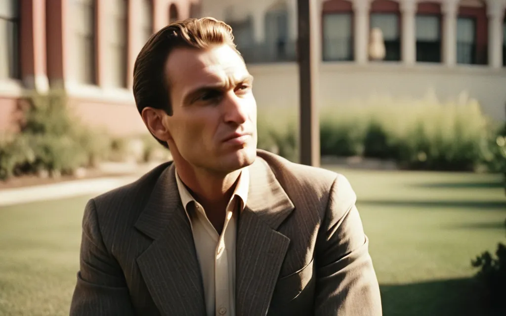 Man in suit lying on flower field gazing at giant butterfly