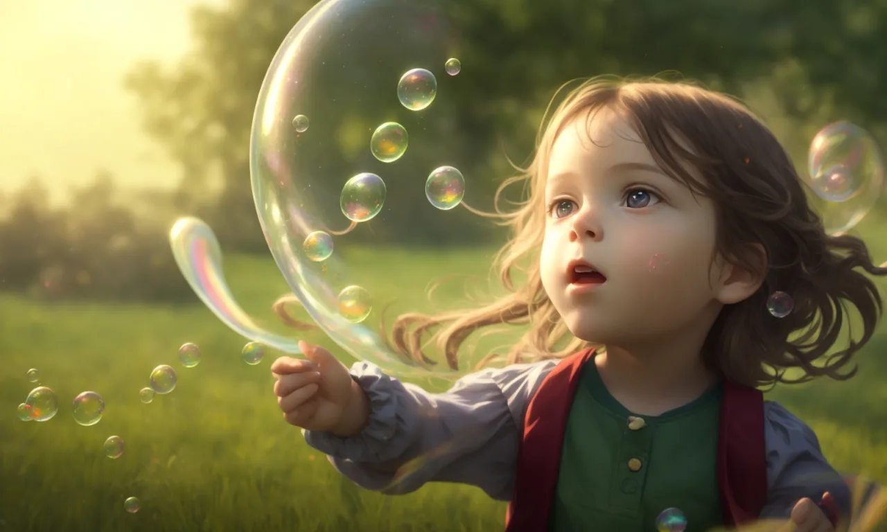 a little girl playing with bubbles in a field