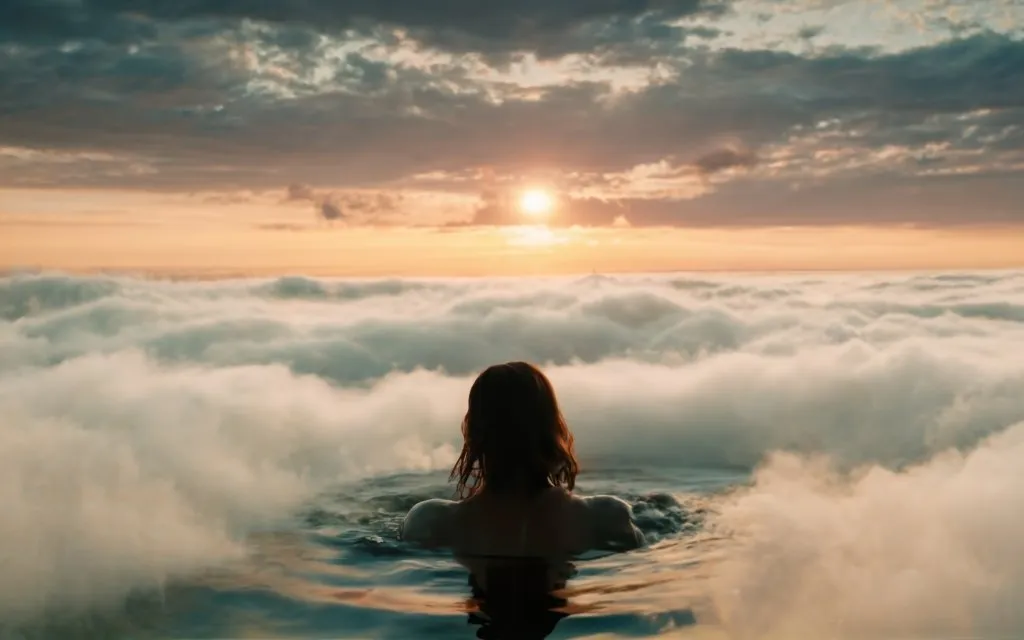 a woman in a body of water surrounded by clouds