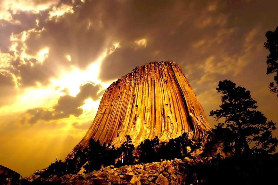 a very tall rock formation in the middle of a forest