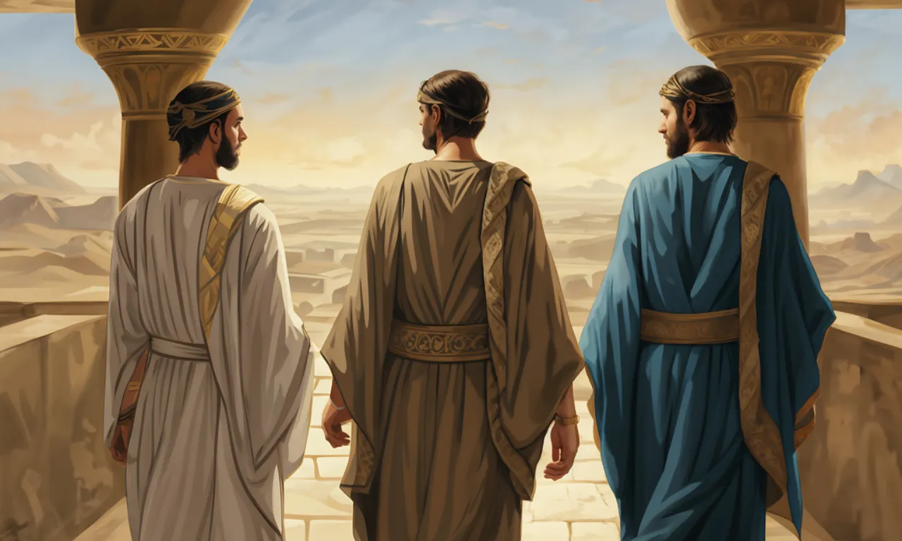 three young men are standing with their backs to the viewer, these three men are dressed in long Babylonian clothes, these men have medium-length hair.
 The action takes place in ancient Babylon. The style is realism, digital painting.