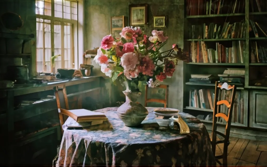 a table with a vase of flowers on top of it