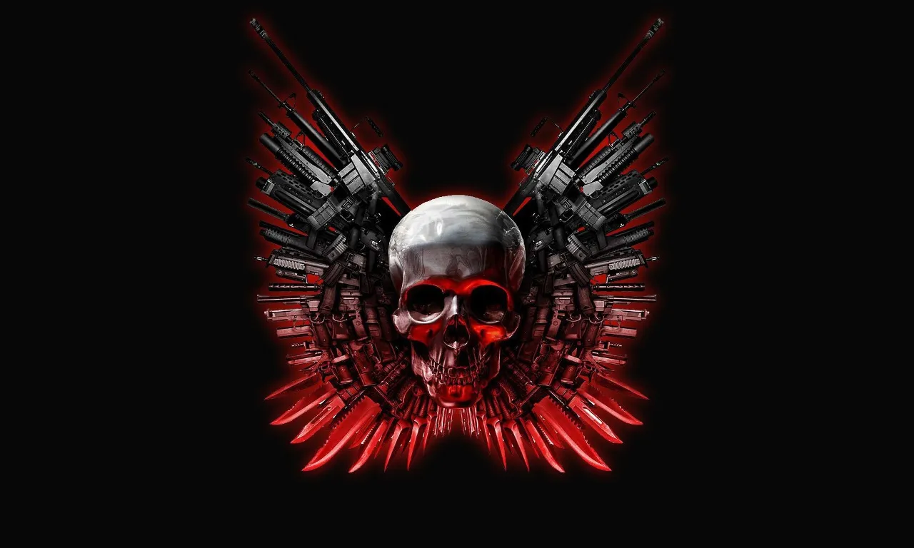 a skull with guns and wings on a black background