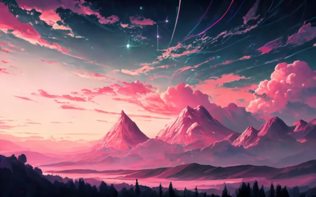 a painting of a mountain range with a star in the sky