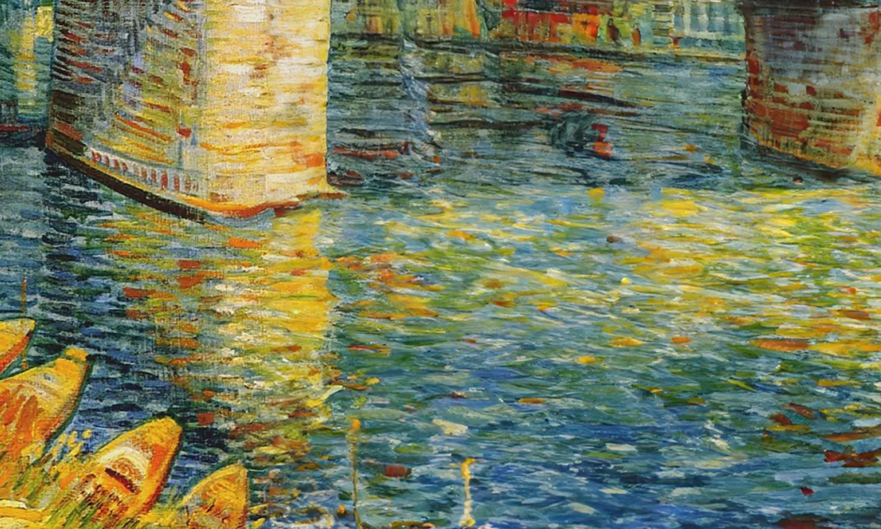 van gogh painting of a river with a bridge in the background