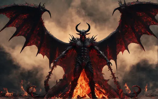 a demonic demon standing in front of a fire