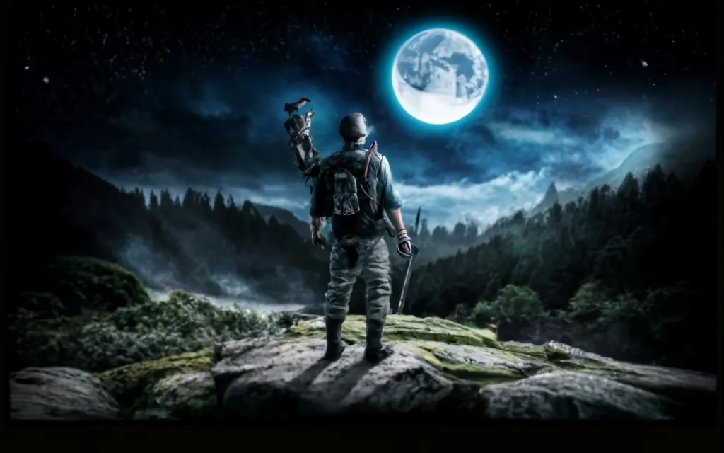 a man standing on top of a mountain under a full moon