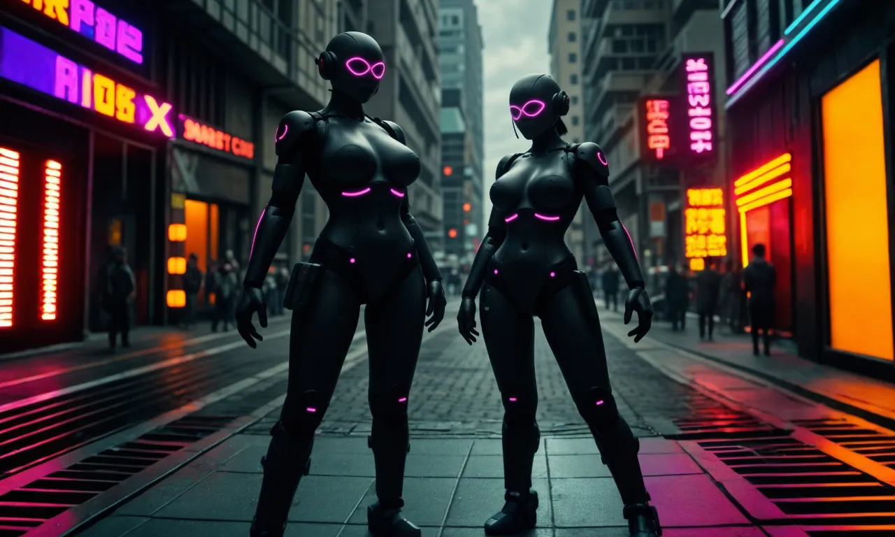 two futuristic women standing on a city street