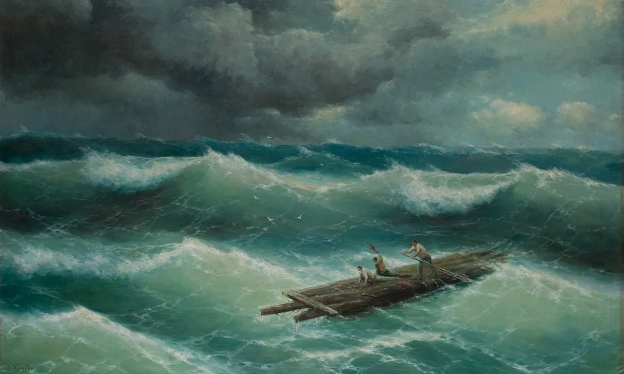 a painting of three people on a raft in a large body of water