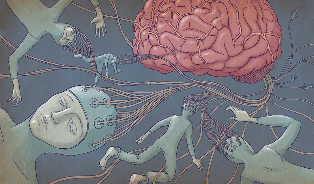 a painting of a group of people playing with a brain