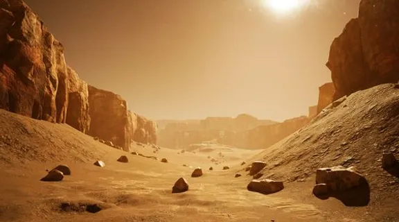 a desert scene with rocks and a bright sun